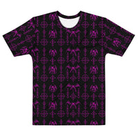 The Sixth Circle Pink T-shirt featuring an all-over pattern of winged demons and occult ritual symbols inspired by infernal mythology and demonology.