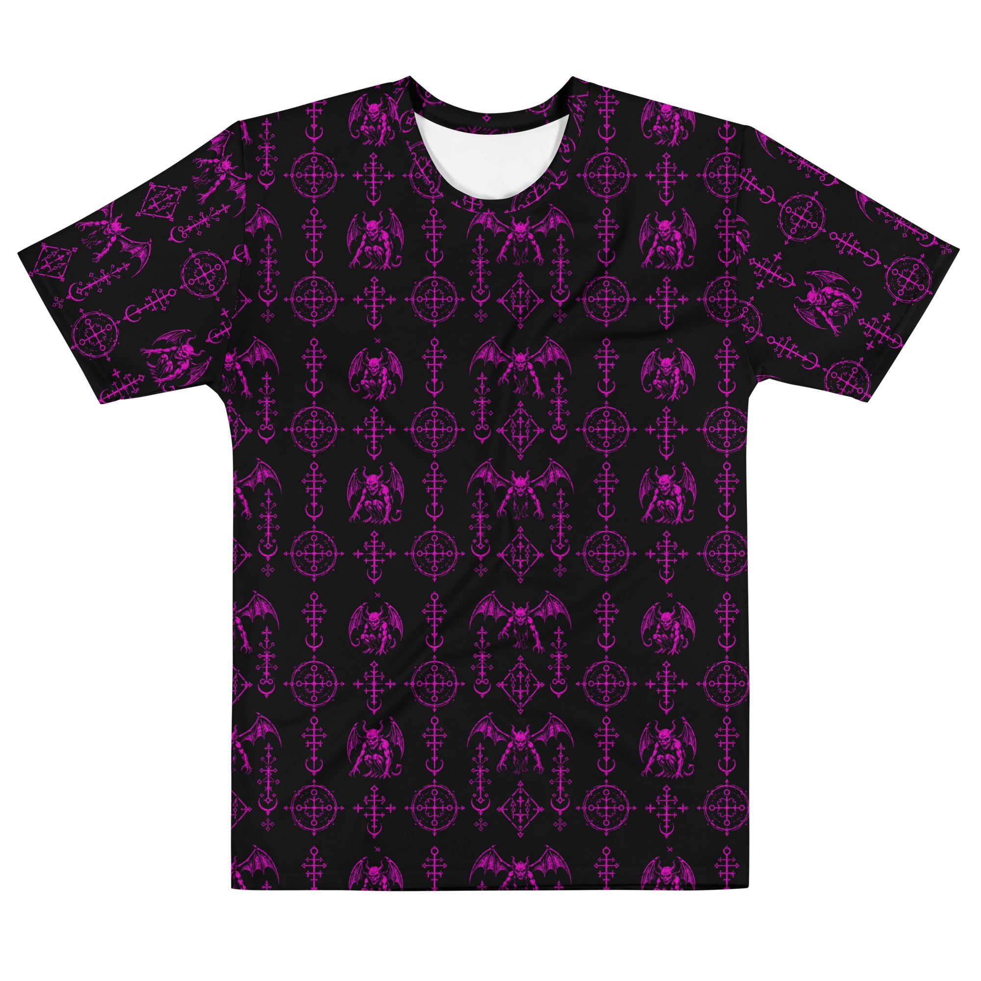 The Sixth Circle Pink T-shirt featuring an all-over pattern of winged demons and occult ritual symbols inspired by infernal mythology and demonology.