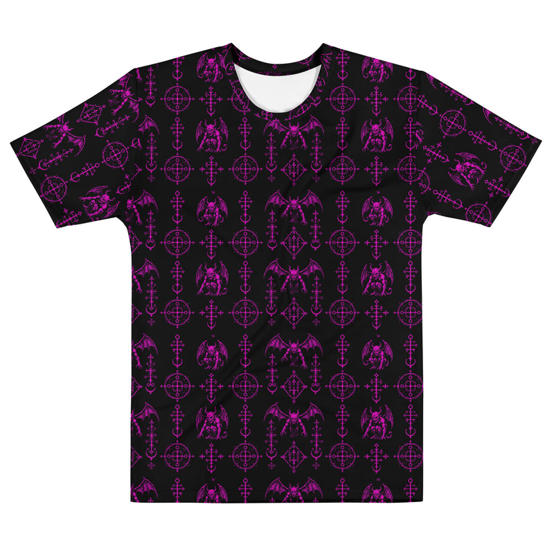 The Sixth Circle Pink T-shirt featuring an all-over pattern of winged demons and occult ritual symbols inspired by infernal mythology and demonology.