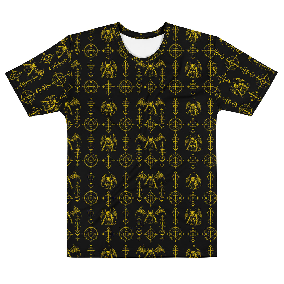 The Sixth Circle Yellow T-shirt featuring an all-over pattern of winged demons and occult ritual symbols inspired by infernal mythology and demonology.