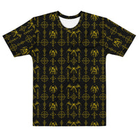 The Sixth Circle Yellow T-shirt featuring an all-over pattern of winged demons and occult ritual symbols inspired by infernal mythology and demonology.