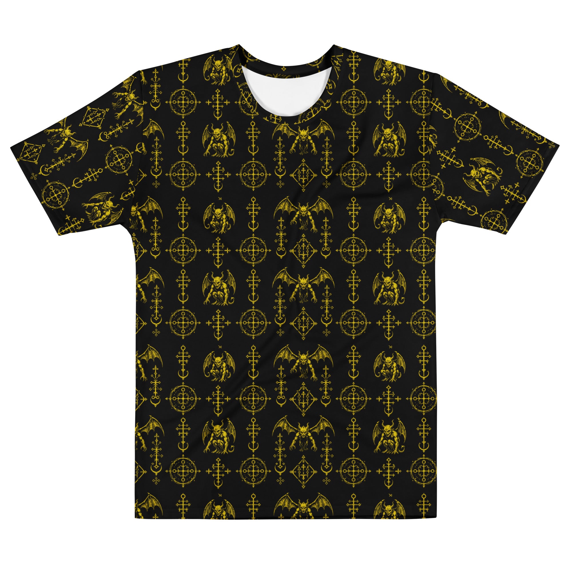 The Sixth Circle Yellow T-shirt featuring an all-over pattern of winged demons and occult ritual symbols inspired by infernal mythology and demonology.