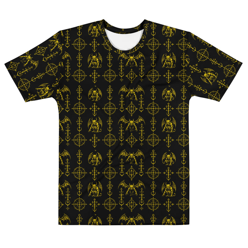 The Sixth Circle Yellow T-shirt featuring an all-over pattern of winged demons and occult ritual symbols inspired by infernal mythology and demonology.