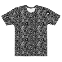 Death's Fortune tarot horror T-shirt featuring The Moon, The Devil, Death and The Hanged Man in an ornate black-and-white occult pattern.