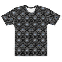 Second Sight psychic eye horror T-shirt featuring electric-blue eyes, black-and-white mystical ornamentation and an all-over occult-inspired pattern.