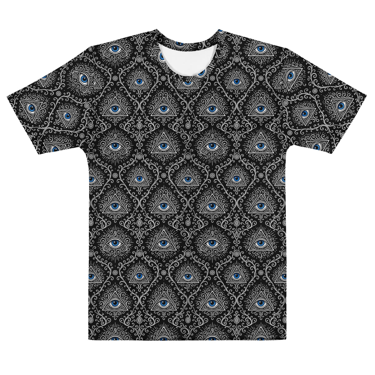 Second Sight psychic eye horror T-shirt featuring electric-blue eyes, black-and-white mystical ornamentation and an all-over occult-inspired pattern.