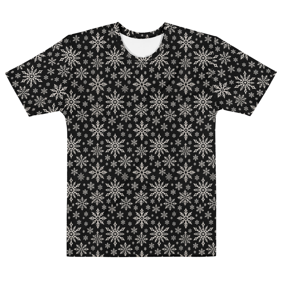 Dead of Winter gothic Christmas T-shirt featuring black and ivory faux-knit snowflakes in a dark ugly sweater-inspired all-over pattern.