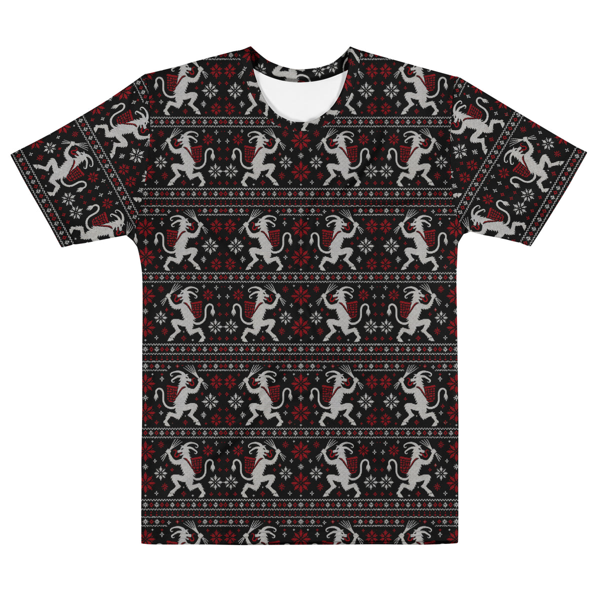 Krampusnacht horror Christmas T-shirt featuring white Krampus figures, red snowflakes and a black faux-knit ugly sweater-inspired pattern.
