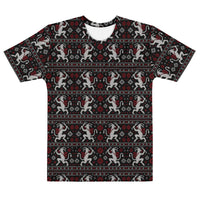 Krampusnacht horror Christmas T-shirt featuring white Krampus figures, red snowflakes and a black faux-knit ugly sweater-inspired pattern.