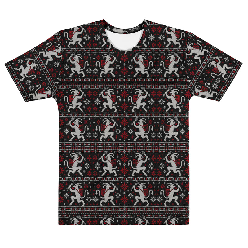 Krampusnacht horror Christmas T-shirt featuring white Krampus figures, red snowflakes and a black faux-knit ugly sweater-inspired pattern.