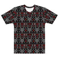 Hail Santa satanic Christmas T-shirt featuring Baphomet, inverted crosses, pentagrams, crescent moons and red and white faux-knit holiday motifs.