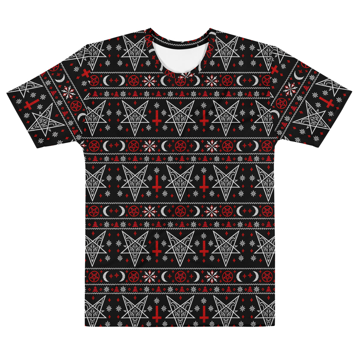 Hail Santa satanic Christmas T-shirt featuring Baphomet, inverted crosses, pentagrams, crescent moons and red and white faux-knit holiday motifs.