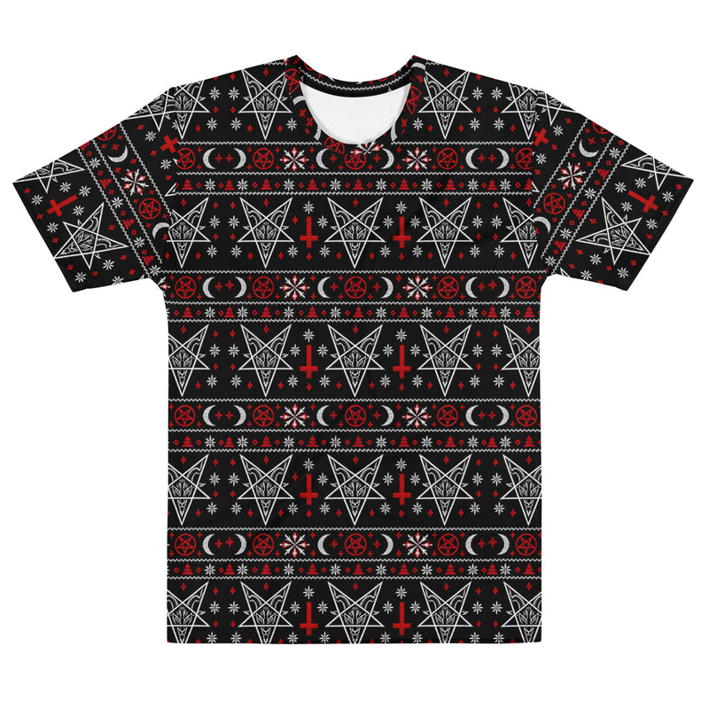 Hail Santa satanic Christmas T-shirt featuring Baphomet, inverted crosses, pentagrams, crescent moons and red and white faux-knit holiday motifs.