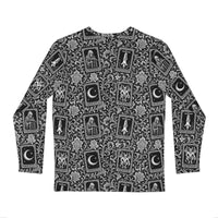 Death’s Fortune tarot horror long sleeve shirt featuring The Moon, The Devil, Death and The Hanged Man in an ornate black-and-white occult pattern.