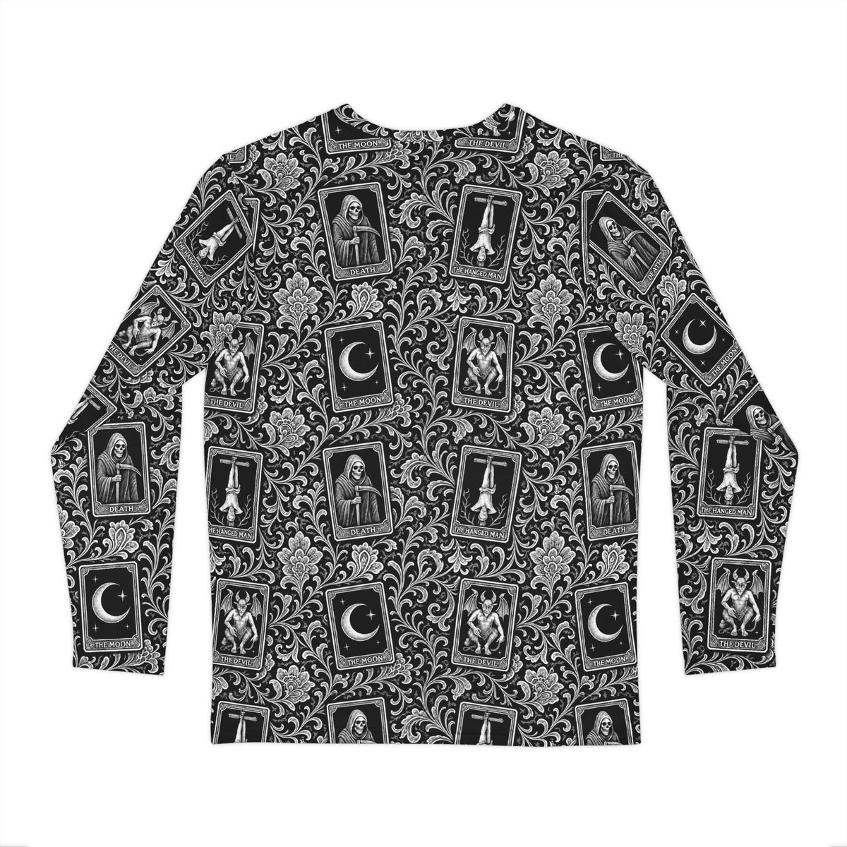 Death’s Fortune tarot horror long sleeve shirt featuring The Moon, The Devil, Death and The Hanged Man in an ornate black-and-white occult pattern.
