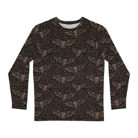 Nocturnal Requiem long sleeve shirt featuring an all-over skeletal vampire bat pattern inspired by Victorian natural history and classic horror.
