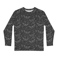Soul's Messenger White long sleeve shirt featuring an all-over death moth pattern inspired by Victorian mourning art, Memento Mori, and classic horror.