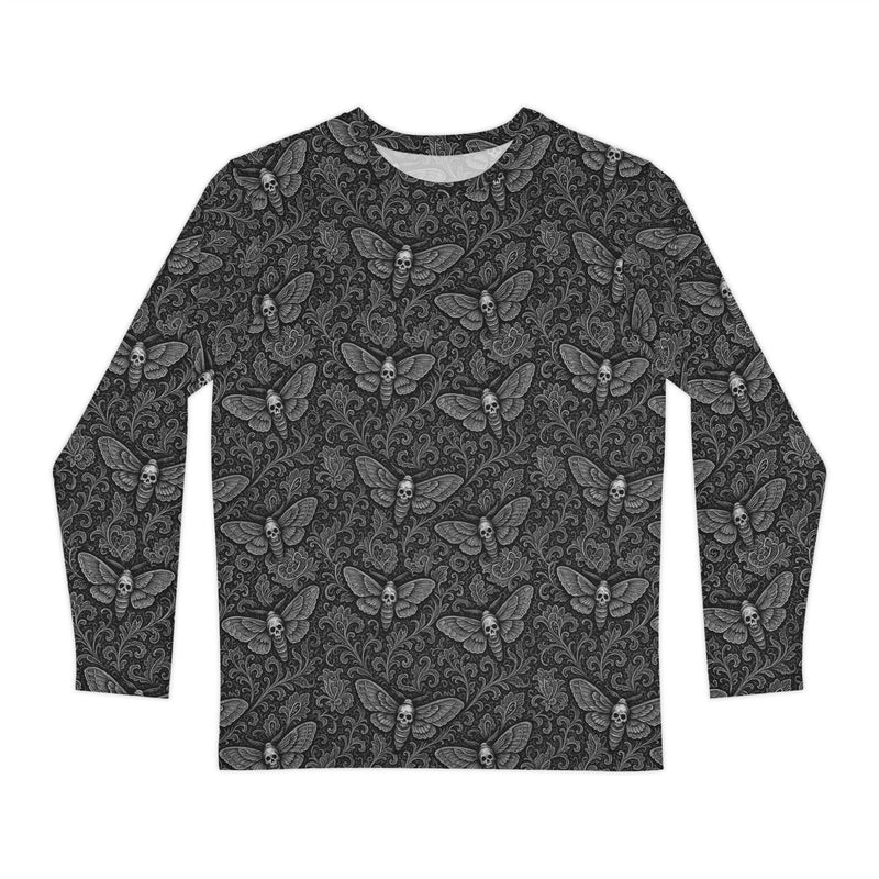 Soul's Messenger White long sleeve shirt featuring an all-over death moth pattern inspired by Victorian mourning art, Memento Mori, and classic horror.
