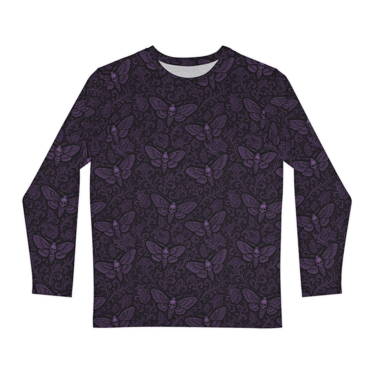 Soul's Messenger Purple long sleeve shirt featuring an all-over death moth pattern inspired by Victorian mourning art, Memento Mori, and classic horror.