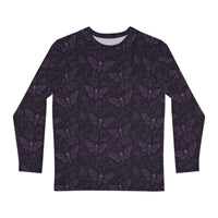Soul's Messenger Purple long sleeve shirt featuring an all-over death moth pattern inspired by Victorian mourning art, Memento Mori, and classic horror.