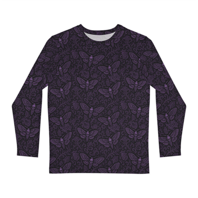 Soul's Messenger Purple long sleeve shirt featuring an all-over death moth pattern inspired by Victorian mourning art, Memento Mori, and classic horror.