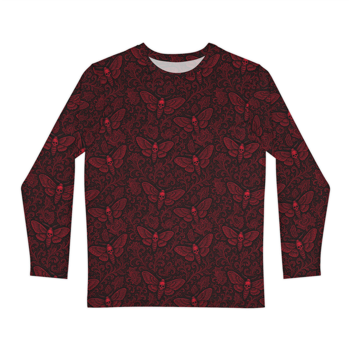 Soul's Messenger Red long sleeve shirt featuring an all-over death moth pattern inspired by Victorian mourning art, Memento Mori, and classic horror.