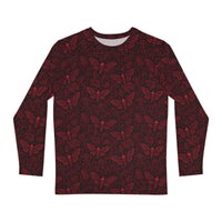 Soul's Messenger Red long sleeve shirt featuring an all-over death moth pattern inspired by Victorian mourning art, Memento Mori, and classic horror.