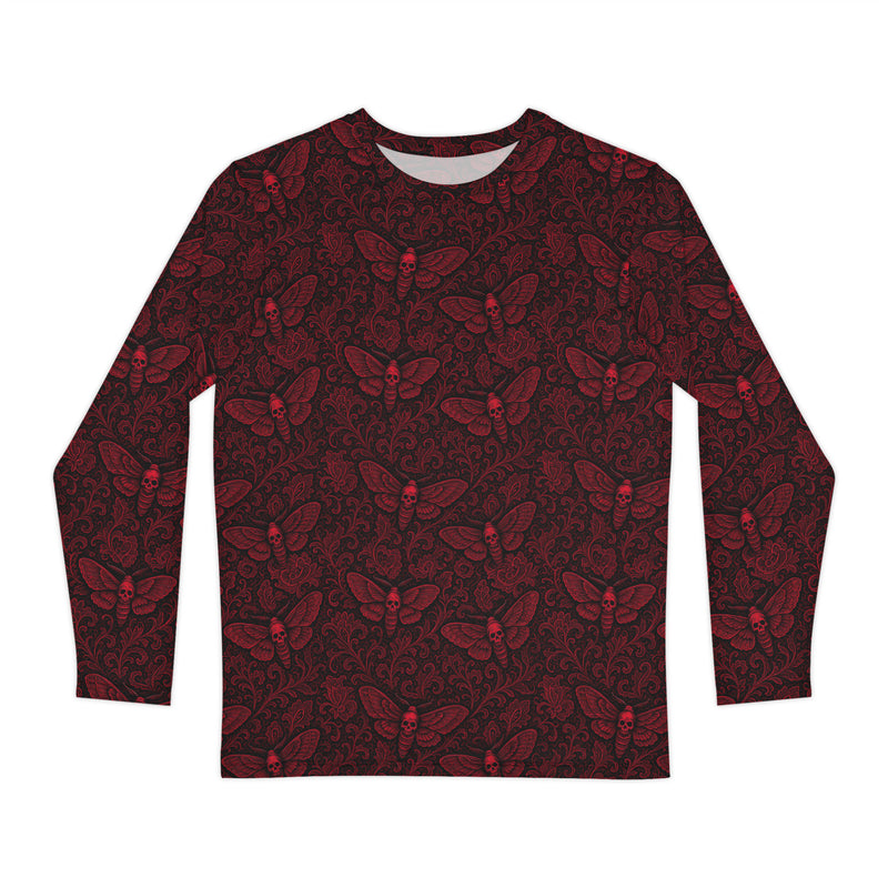 Soul's Messenger Red long sleeve shirt featuring an all-over death moth pattern inspired by Victorian mourning art, Memento Mori, and classic horror.