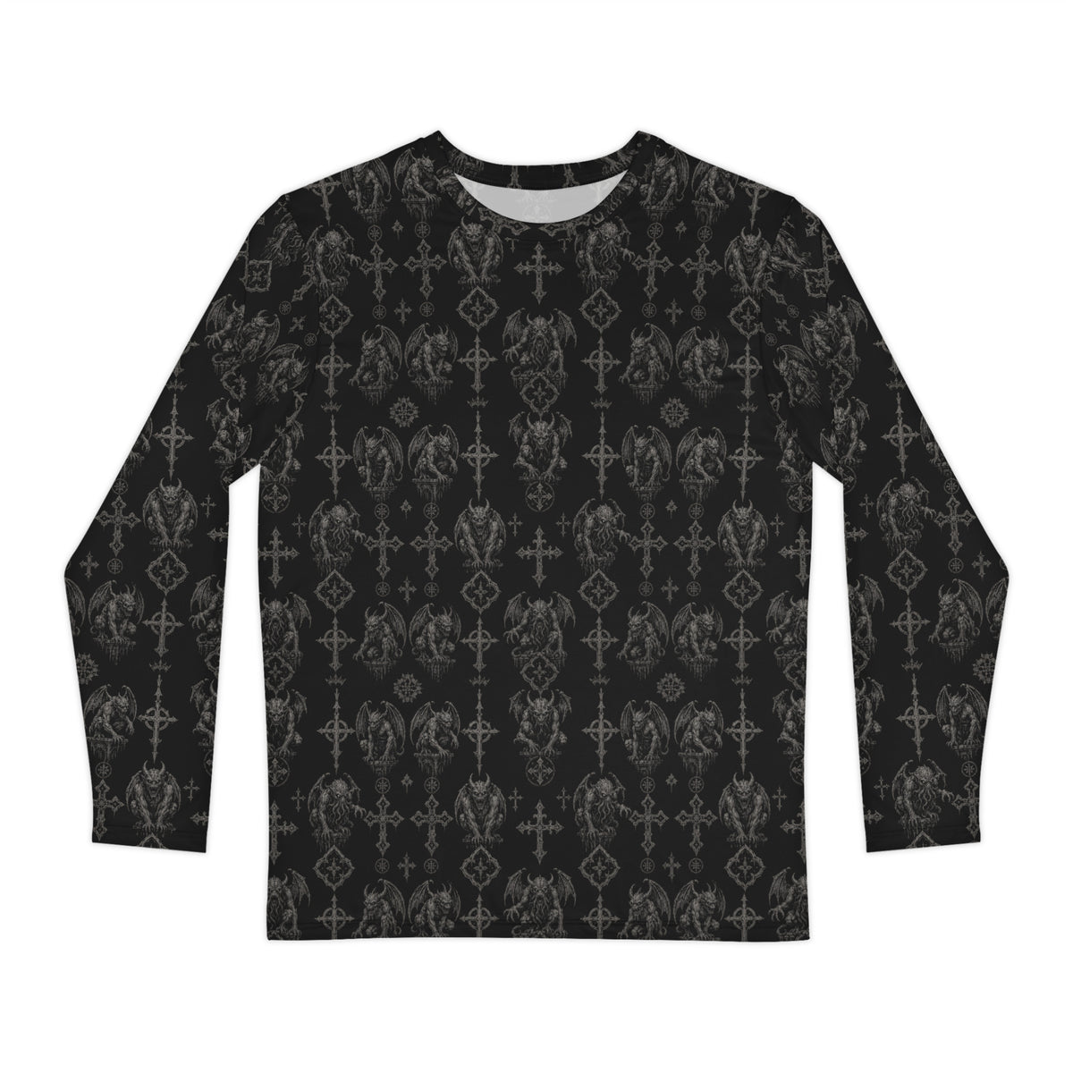 Wardens of Stone long sleeve shirt featuring an all-over gargoyle pattern inspired by medieval cathedrals, demonology, and classic horror.