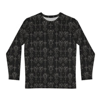 Wardens of Stone long sleeve shirt featuring an all-over gargoyle pattern inspired by medieval cathedrals, demonology, and classic horror.