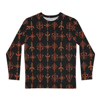 Infernal Invocation long sleeve shirt featuring an all-over occult ritual pattern inspired by medieval grimoires, ceremonial magic, and infernal symbolism.