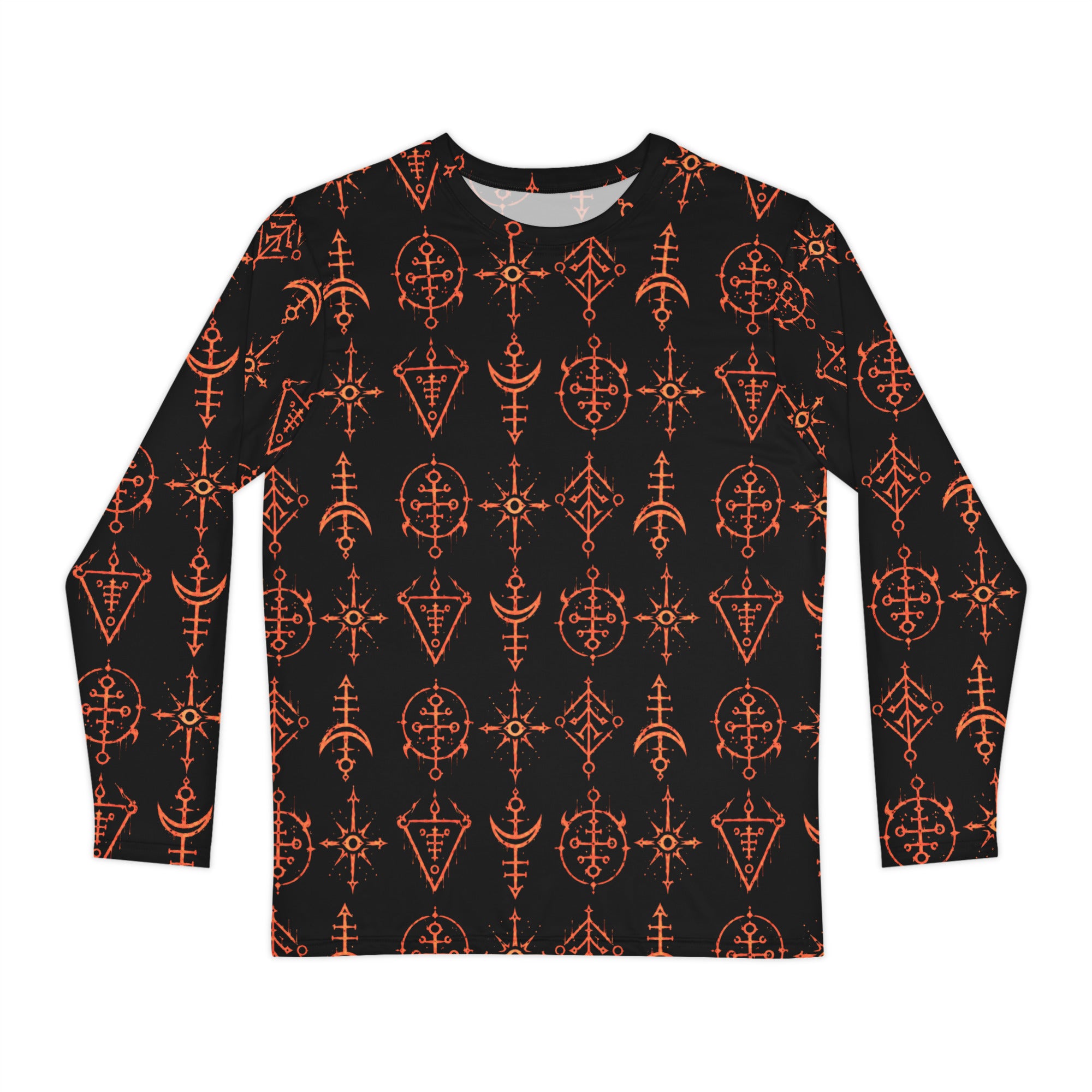 Infernal Invocation long sleeve shirt featuring an all-over occult ritual pattern inspired by medieval grimoires, ceremonial magic, and infernal symbolism.
