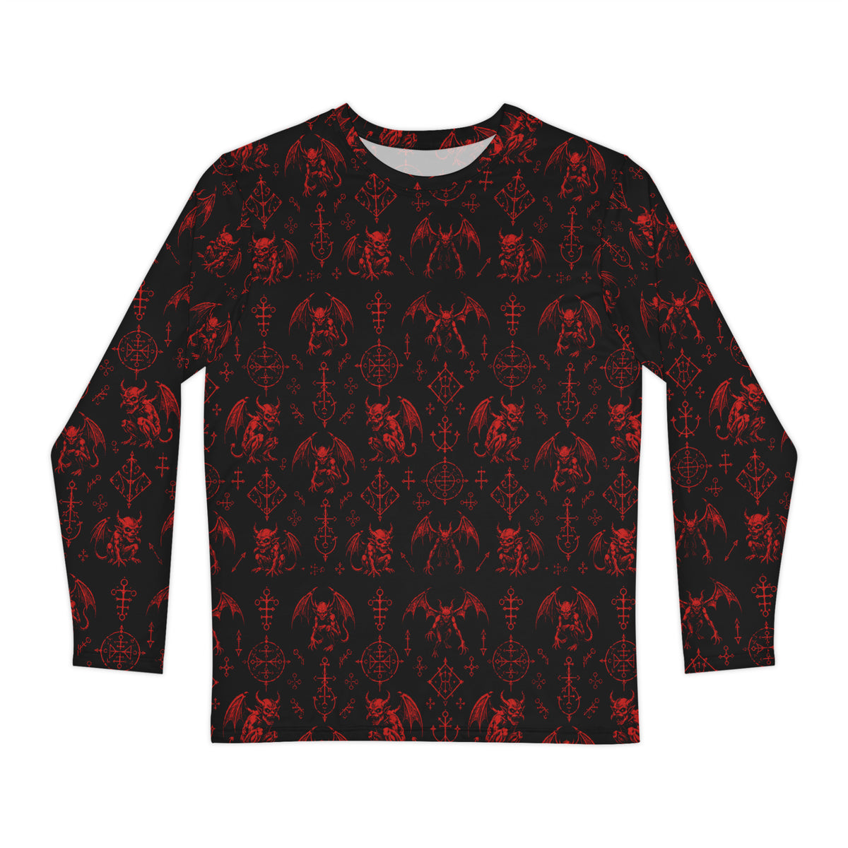 The Fifth Circle Red long sleeve shirt featuring an all-over infernal winged creature pattern inspired by Dante's Inferno and medieval demonology.