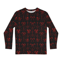 The Fifth Circle Red long sleeve shirt featuring an all-over infernal winged creature pattern inspired by Dante's Inferno and medieval demonology.