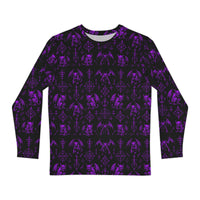 The Fifth Circle Purple long sleeve shirt featuring an all-over infernal winged creature pattern inspired by Dante's Inferno and medieval demonology.