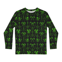 The Fifth Circle Green long sleeve shirt featuring an all-over infernal winged creature pattern inspired by Dante's Inferno and medieval demonology.