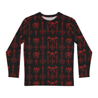 The Sixth Circle Red long sleeve shirt featuring an all-over Hellspawn Guardian inspired by Dante's Inferno, medieval demonology, and occult horror.