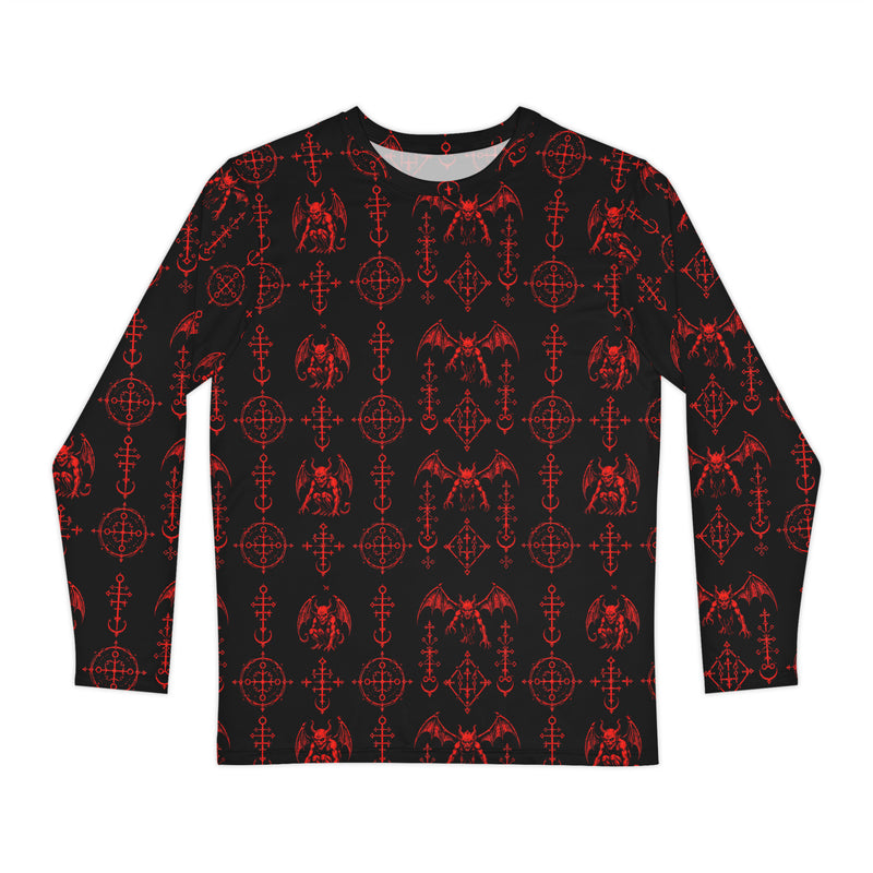 The Sixth Circle Red long sleeve shirt featuring an all-over Hellspawn Guardian inspired by Dante's Inferno, medieval demonology, and occult horror.