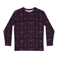 The Sixth Circle Pink long sleeve shirt featuring an all-over Hellspawn Guardian inspired by Dante's Inferno, medieval demonology, and occult horror.