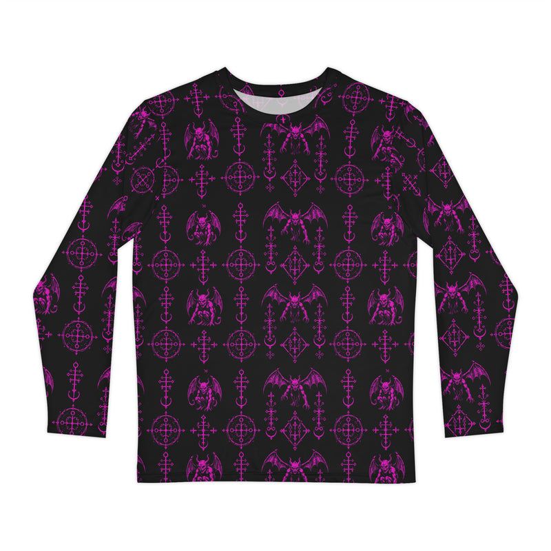 The Sixth Circle Pink long sleeve shirt featuring an all-over Hellspawn Guardian inspired by Dante's Inferno, medieval demonology, and occult horror.