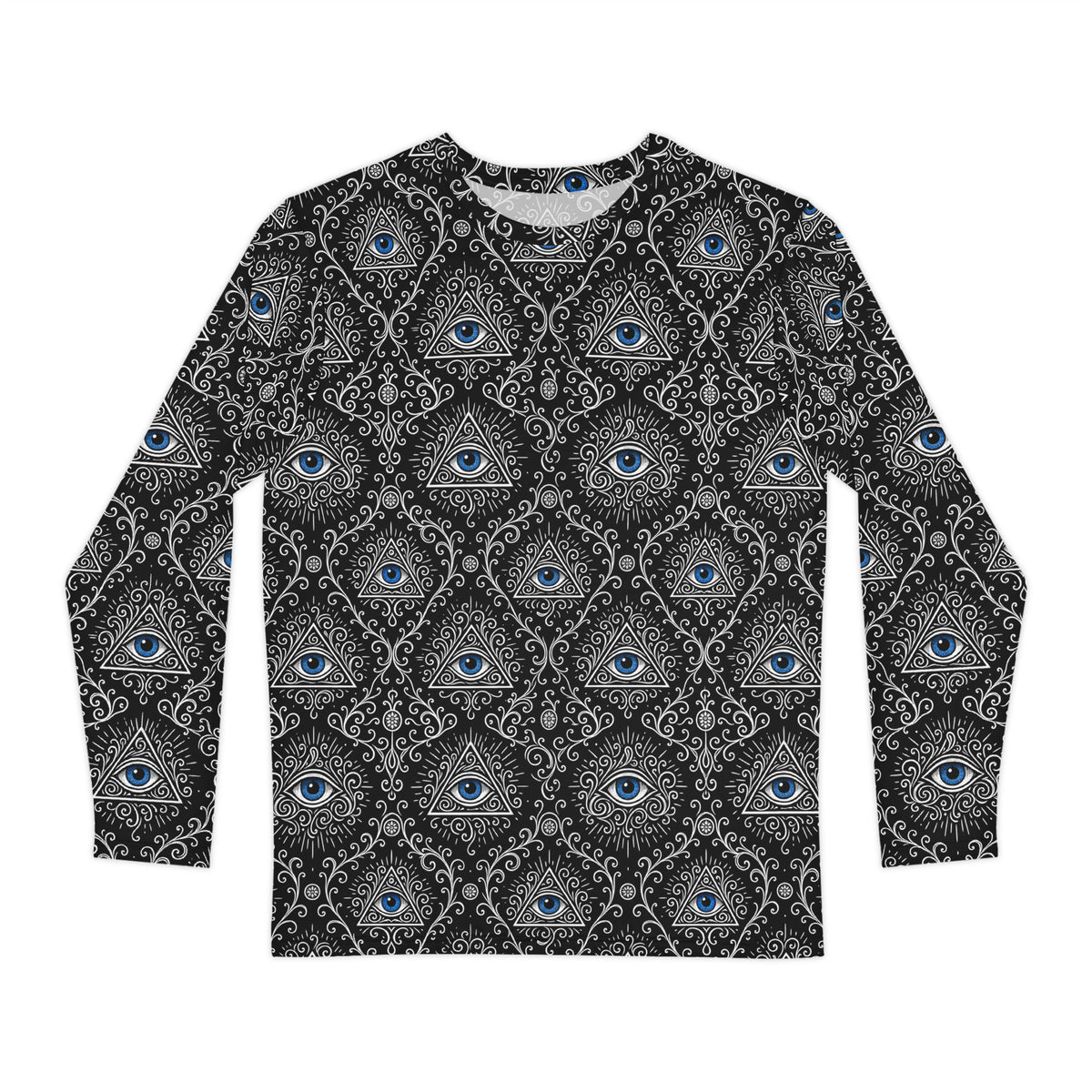 Second Sight psychic eye long sleeve shirt featuring electric-blue eyes, black-and-white mystical ornamentation and an occult-inspired pattern.