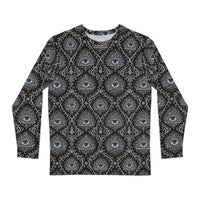 Second Sight psychic eye long sleeve shirt featuring electric-blue eyes, black-and-white mystical ornamentation and an occult-inspired pattern.
