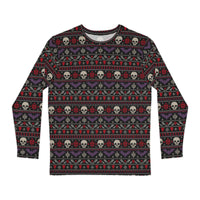 Merry Skull-Mas horror Christmas long sleeve shirt featuring faux-knit skulls, bats, snowflakes and festive red, purple and white patterns on black.