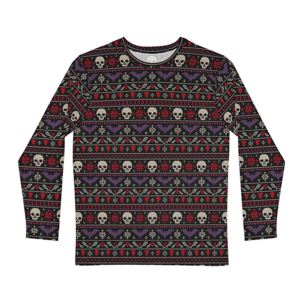 Merry Skull-Mas horror Christmas long sleeve shirt featuring faux-knit skulls, bats, snowflakes and festive red, purple and white patterns on black.