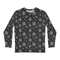 Dead of Winter gothic Christmas long sleeve shirt featuring black and ivory faux-knit snowflakes in a dark ugly sweater-inspired pattern.