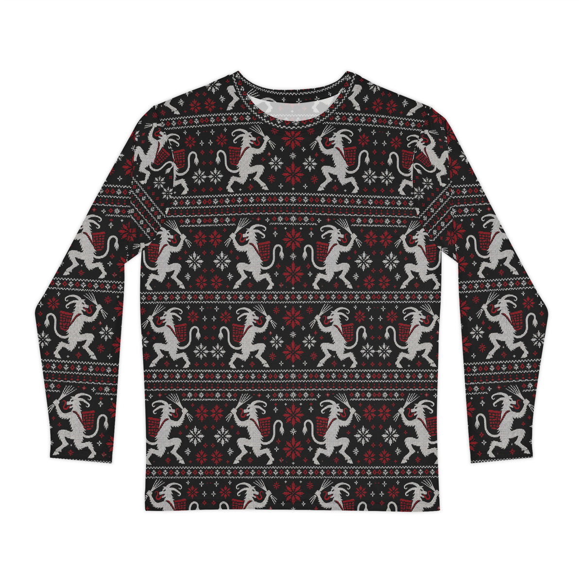 Krampusnacht horror Christmas long sleeve shirt featuring white Krampus figures, red snowflakes and a black faux-knit ugly sweater-inspired pattern.
