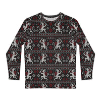 Krampusnacht horror Christmas long sleeve shirt featuring white Krampus figures, red snowflakes and a black faux-knit ugly sweater-inspired pattern.