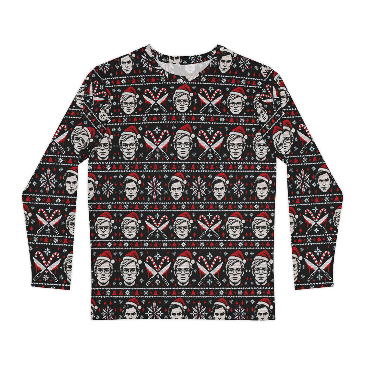 Slay Bells serial killer horror Christmas long sleeve shirt featuring sinister portrait motifs, crossed knives, candy canes, snowflakes and red faux-knit holiday details.
