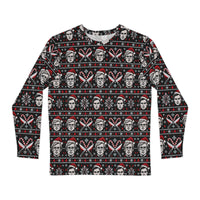 Slay Bells serial killer horror Christmas long sleeve shirt featuring sinister portrait motifs, crossed knives, candy canes, snowflakes and red faux-knit holiday details.