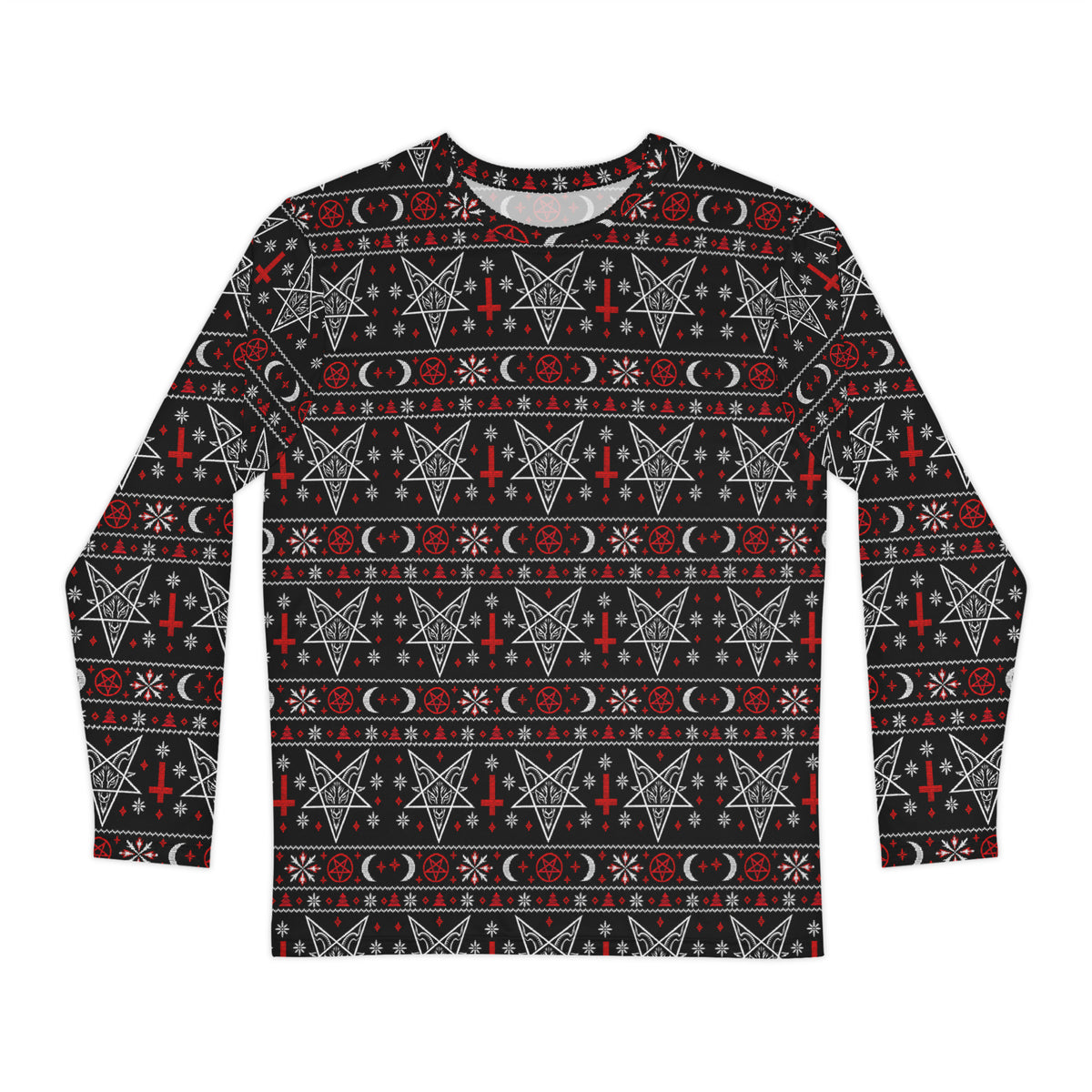 Hail Santa satanic Christmas long sleeve shirt featuring Baphomet, inverted crosses, pentagrams, crescent moons and red and white faux-knit holiday motifs.